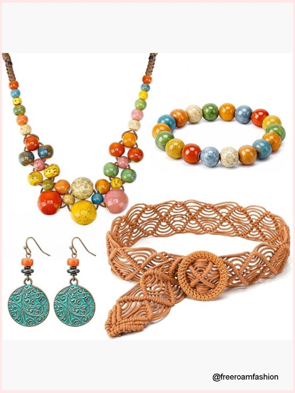 Boho Jewelry Set with Adjustable Necklace, Braided Belt, Earrings, Bracelet